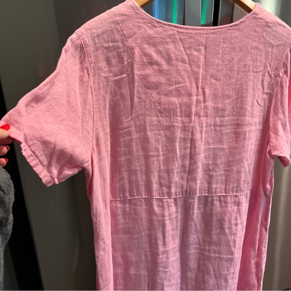 FOCUS PINK linen V-Neck long DRESS Pearl Buttons Gauzy Beach Lagenlook USA made - Picture 11 of 16